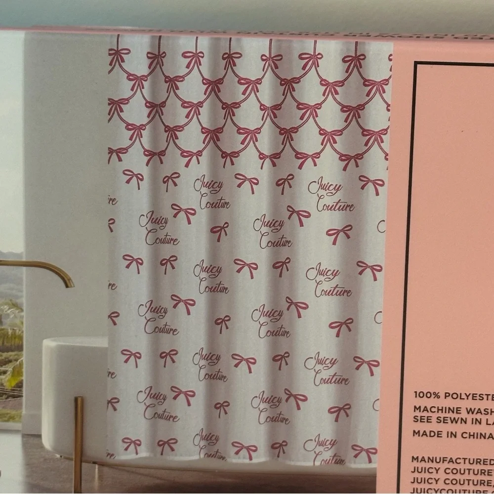 New Juicy Couture 70x72 Fabric Shower Curtain Hooks Set Pink White Bows Logo